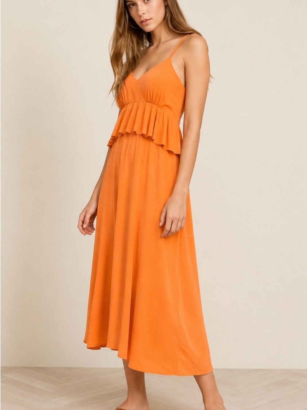 ASOS vivid orange slinky peplum dress. Texas longhorns - summer 2026 -
